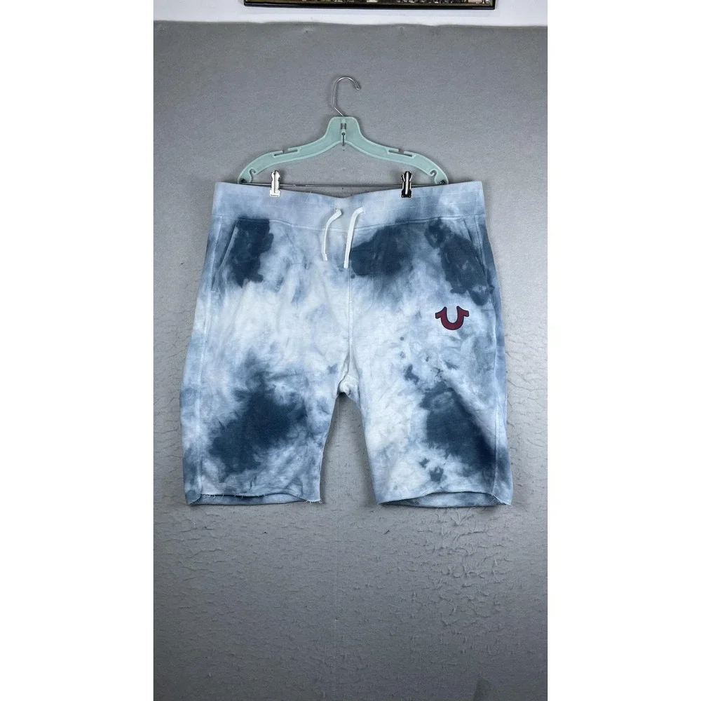 True Religion Shorts Mens 2XL‎ Blue Tie Dye Fleece Sweat Drawstring Logo Casual